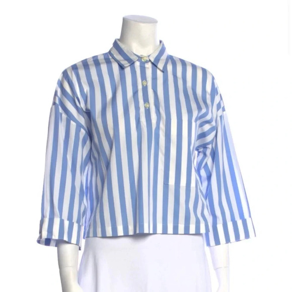 Kule the Keaton stripe  3/4 sleeve cropped shirt in white and sky - Picture 1 of 7